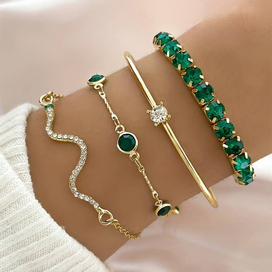 Set 4 Brățări Elegante cu Pietre Imitație Smarald